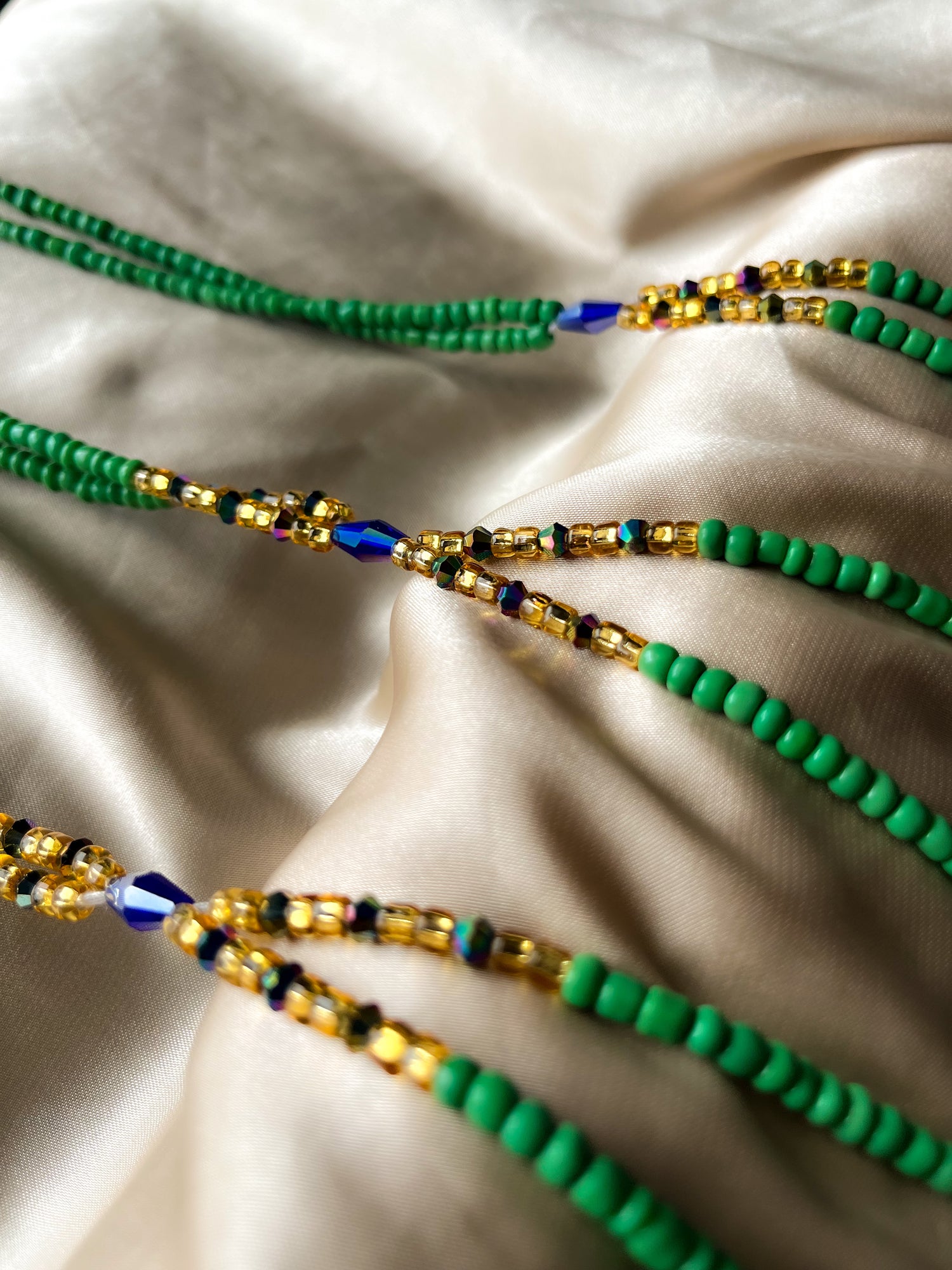 Green and Blue diamond African Waist Beads. Close up