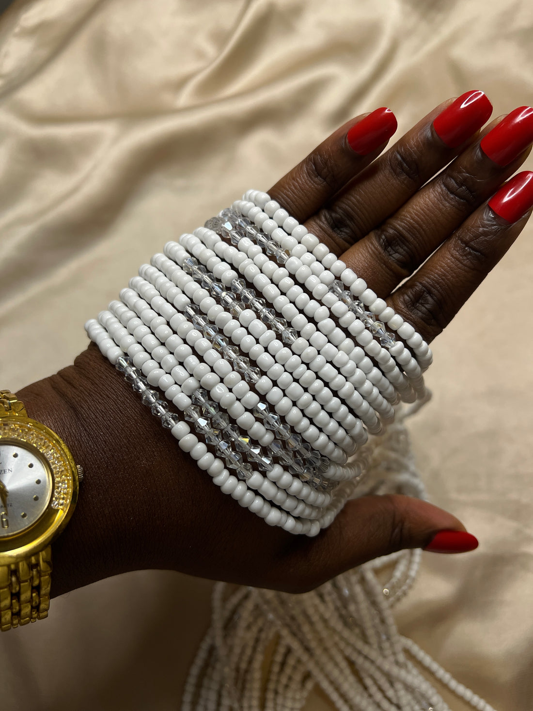 White and clear african waist beads 