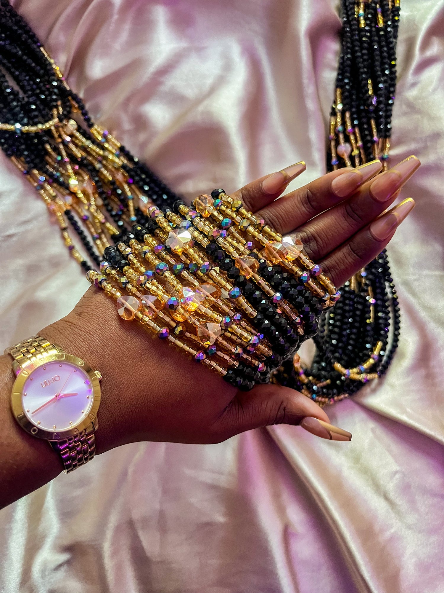 african waist beads- black gold and purple