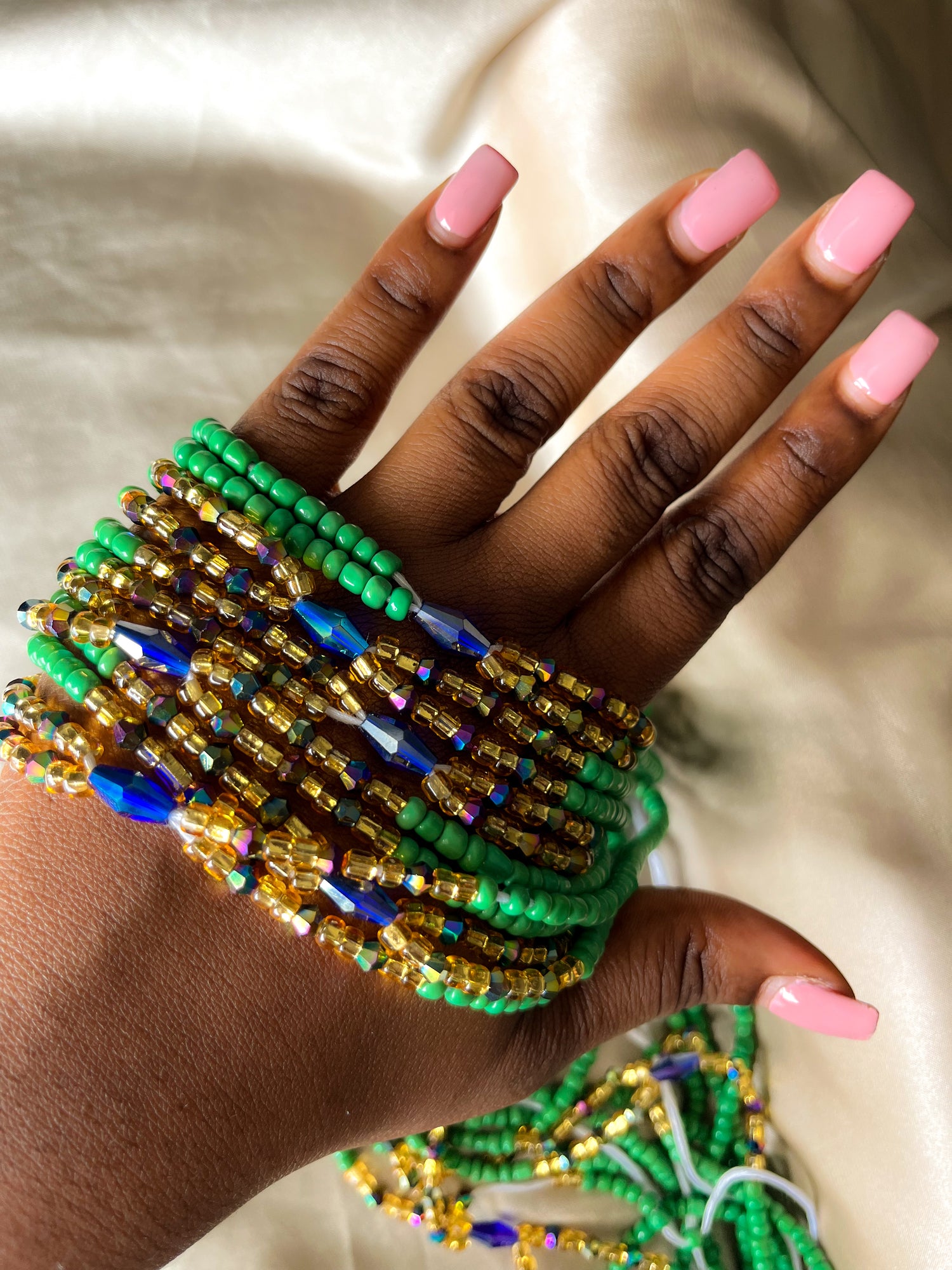 green with blue diamond african waist beads. Top view