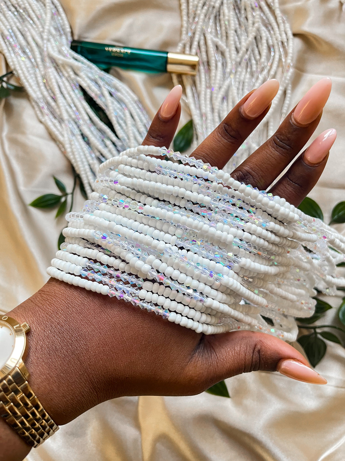 white and clear african waist beads top view