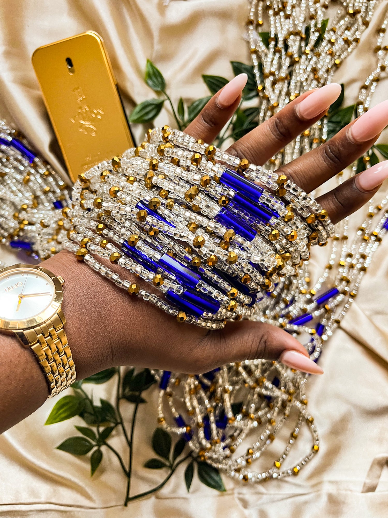 Blue, Silver and Gold Waist Beads. Top view