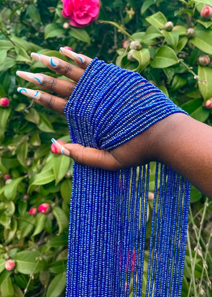 Blue waist beads. Front view